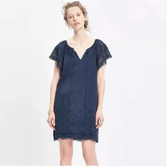 MADEWELL Embroidered Eyelet Moontide Dress Silk-Blend Navy Blue size XXS - Picture 1 of 8